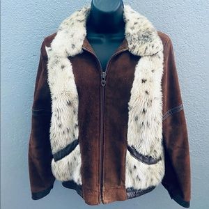 ms pioneer vintage suede leather jacket w/ faux fur - size 12